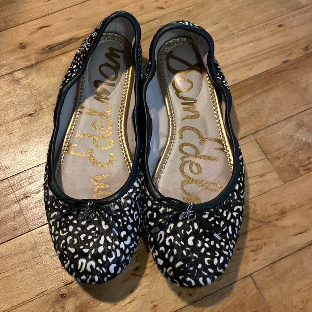 Sam Edelman FELICIA' FLAT IN BLACK DOTTED BRAHMA HAIR size 8 ballet flat
